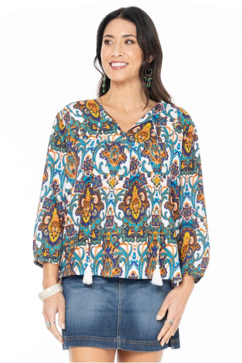 Palais L/S Rayon Top in Agean Print