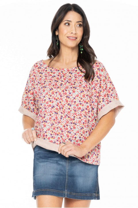 Ruth Cotton  Reversible Top in Ditsy & Plain Beige